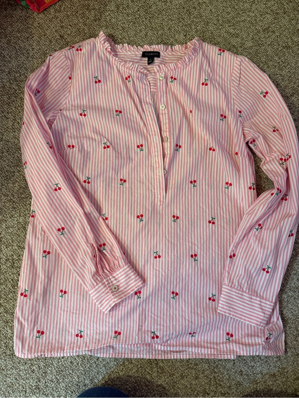 Talbots Pink & White Striped Cherry Popover Blouse